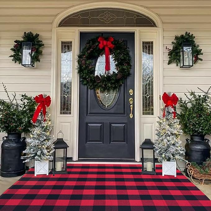 Christmas Outdoor Mat Buffalo Plaid Christmas Decor Rug Cotton Hand-Woven Layered Door Mats Washable Carpet for Front Porch, Kitchen, Farmhouse, Entryway