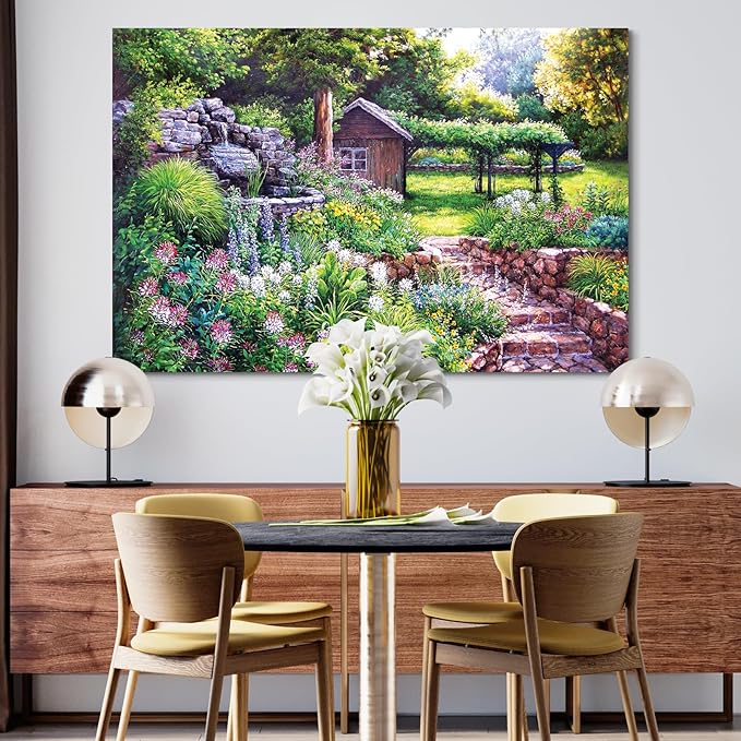 STUDIO HAVEN Thomas Kinkade Canvas Wall Art, Garden Cottage Stone Pathway Fountain Lush Blooms and Tranquil Retreat Oil Painting Poster Rustic Wall Decor, Framed Prints for Home Decor, 24x16Inch