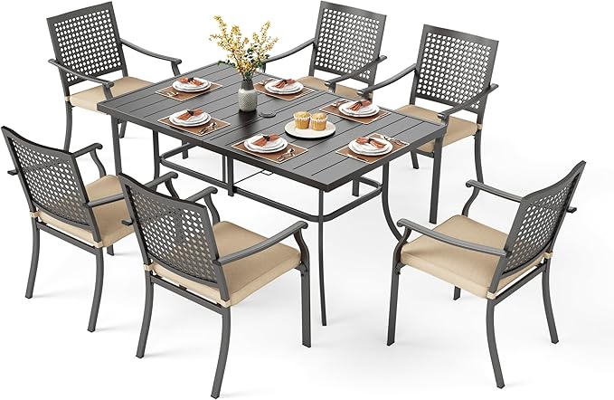 PHI VILLA 7 Pieces Outdoor Dining Set for 6, Rectangular Metal Steel Table with Umbrella Hole & Stacking Iron Chairs with Cushions, Large Furniture Set for Patio, Deck, Yard, Porch