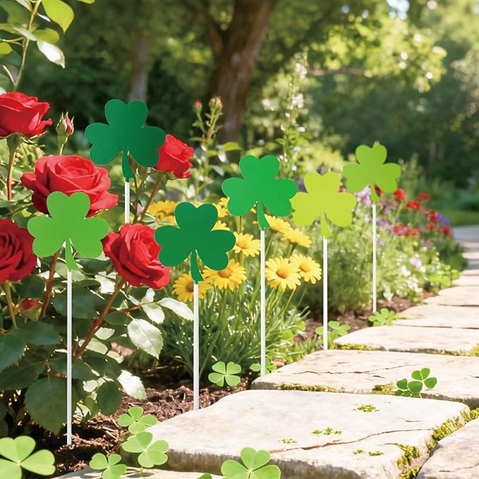 Metal St. Patrick's Day Planter Stakes - 6Pcs Green Shamrock Yard Sign Decorative Garden Stake for Planter Outdoor Backyard Pathway Lawn Plant Pot Decor St. Patrick's Day Spring Party Supply