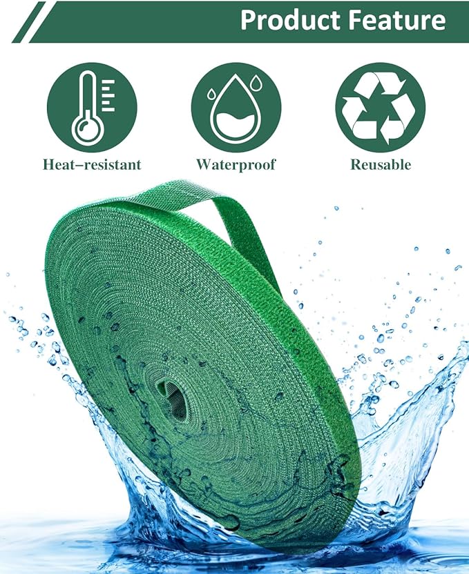 65.6 Ft Plant Ties Garden Tape, Reusable Adjustable Plant Clips for Climbing Plants, Green Nylon Self Adhesive Plant Twist Tie Strap to Support Gardening Plants
