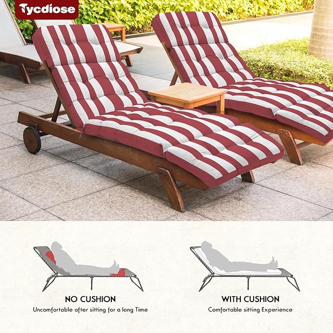 Chaise Lounge Cushions Outdoor Set of 2, 74.4 x 22 x 4.7 Inch Thickened Lounge Chair Cushions Waterproof for Outdoor Furniture with Ties, Non-Slip Patio Pool Lounge Cushions, Stripe Red&White