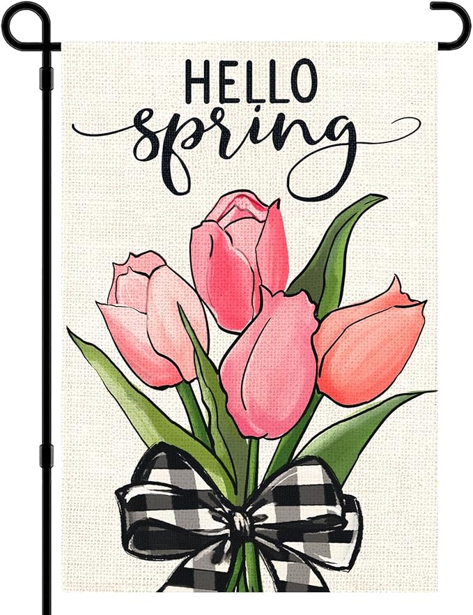 DIYDEC Spring Garden Flag 12x18 Inch Vertical Double Sided Burlap Spring Tulip Flowers Design Hello Spring Flag for Outdoor Yard Garden Seasonal Holiday Farmhouse Spring Summer Decoration