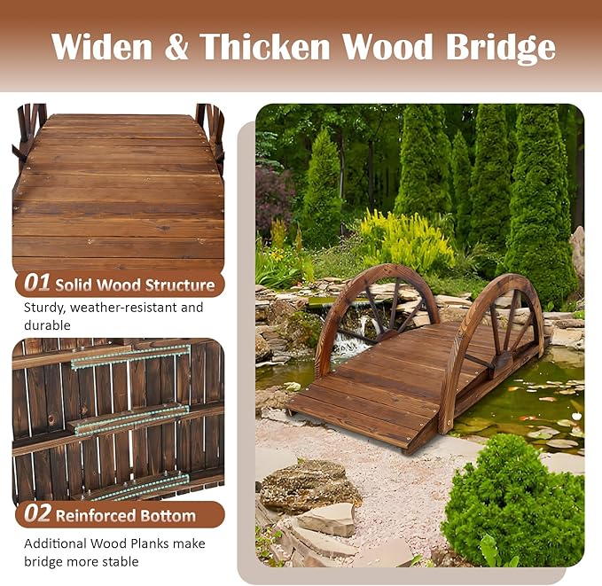 5 FT & 3.3 FT Wooden Garden Bridge, Stained Wood Arc Footbridge with Chain or Half-Wheel Railings for Backyard Pond, Creek, Farmhouse Landscape Decor, Easy Assembly (Brown-3FT)
