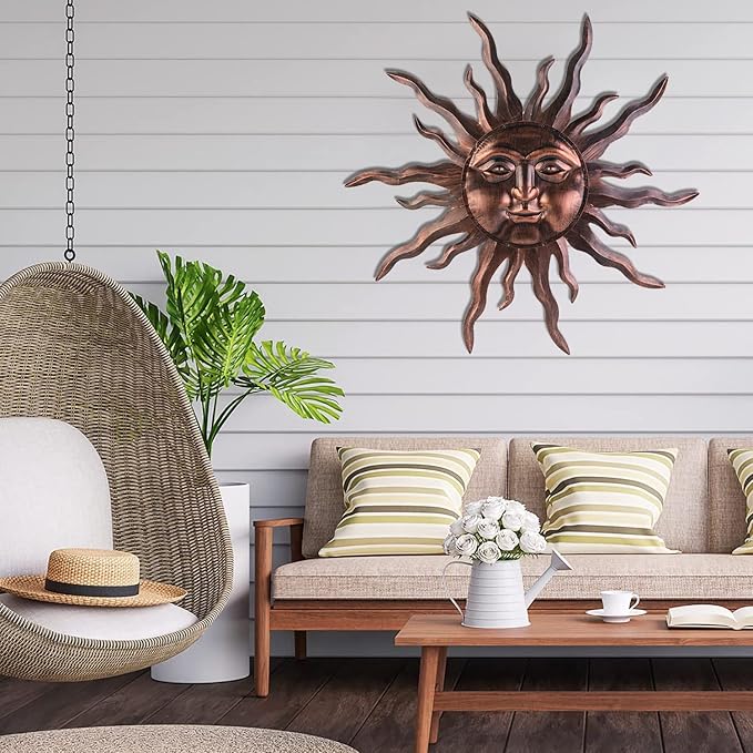 VZVXCC Large Metal Sun Wall Art Decor- 30 inches Sun Wall Hanging Decoration for Indoor Outdoor, 3D Sunshine Face Metal Wall Sculpture for Home Bedroom Living Room Office Garden Yard Patio(Bronze)