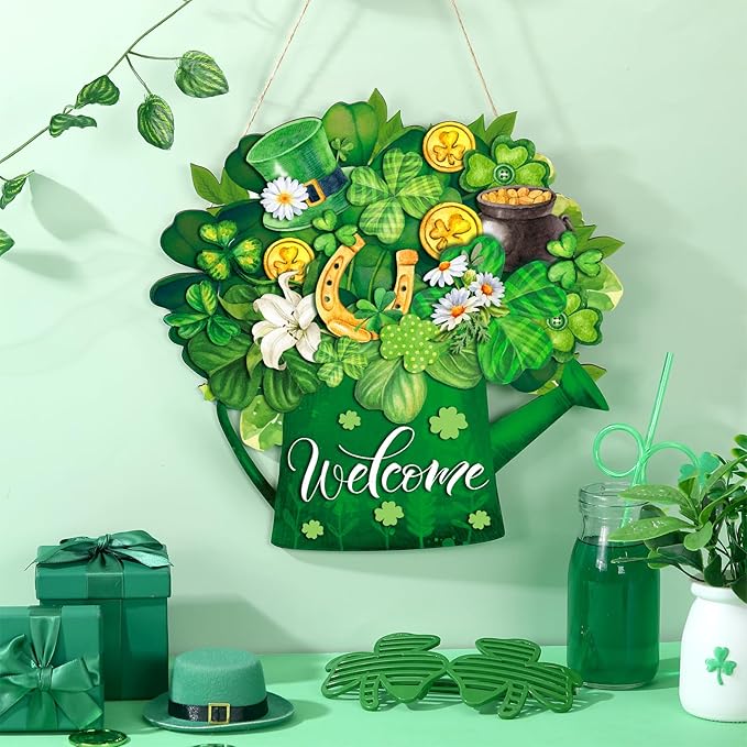 Juexica St. Patrick's Day Welcome Door Sign Lucky Hanging Decor St. Patrick's Day Wooden Sign Irish Decorations Lucky Shamrock Door Hanger for Outdoor Porch Home Living Room