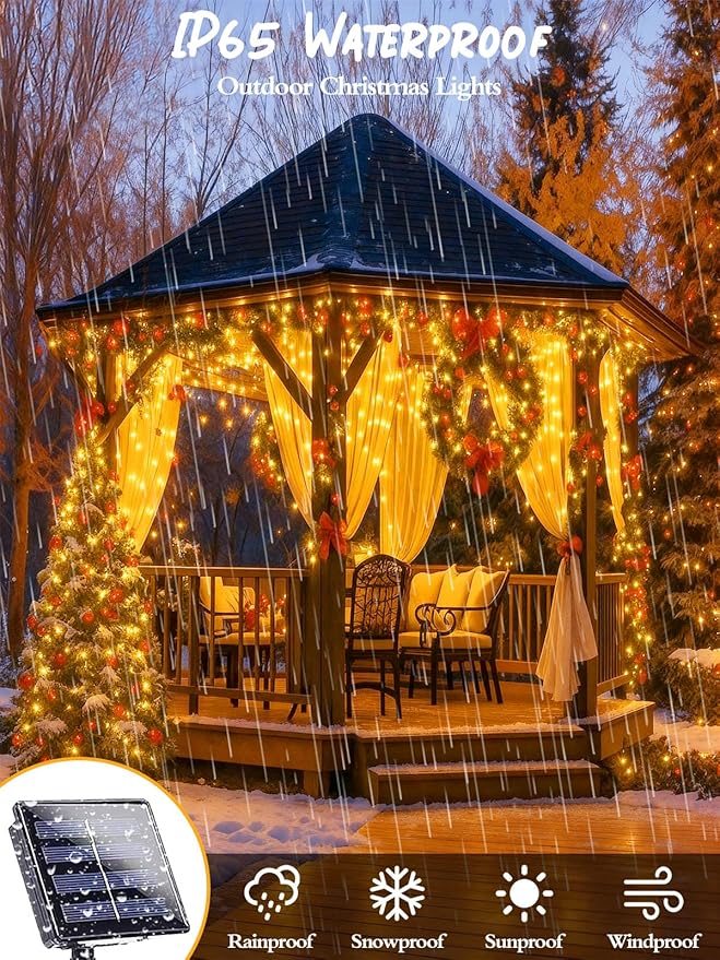 6 Pack Christmas Solar String Lights Outdoor Waterproof, 198FT 600 LED Green Wire Solar Fairy Lights with 8 Modes, Solar Twinkle Lights for Garden Tree Patio Fence Christmas Decorations (Warm White)