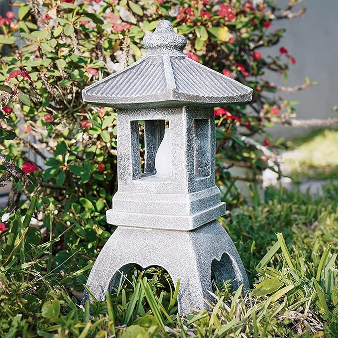 VP Home Pagoda Garden Statue, Solar Powered Statue Japanese Garden Decor, Outdoor Zen Garden Lantern, Flickering LED Garden Light (Tranquil Pagoda) (Pack of 2)