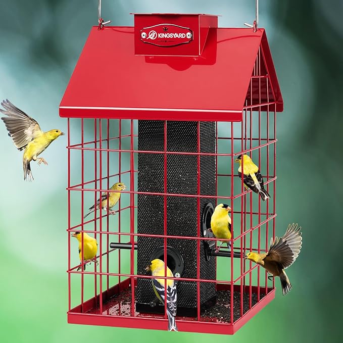 Kingsyard Squirrel Proof Caged Bird Feeder for Outdoor Hanging - Weatherproof Metal Mesh Tube Finch Bird Feeder with 4 Ports for Nyjer/Thistle Seed, Small Birds Goldfinches, Chickadees, Red