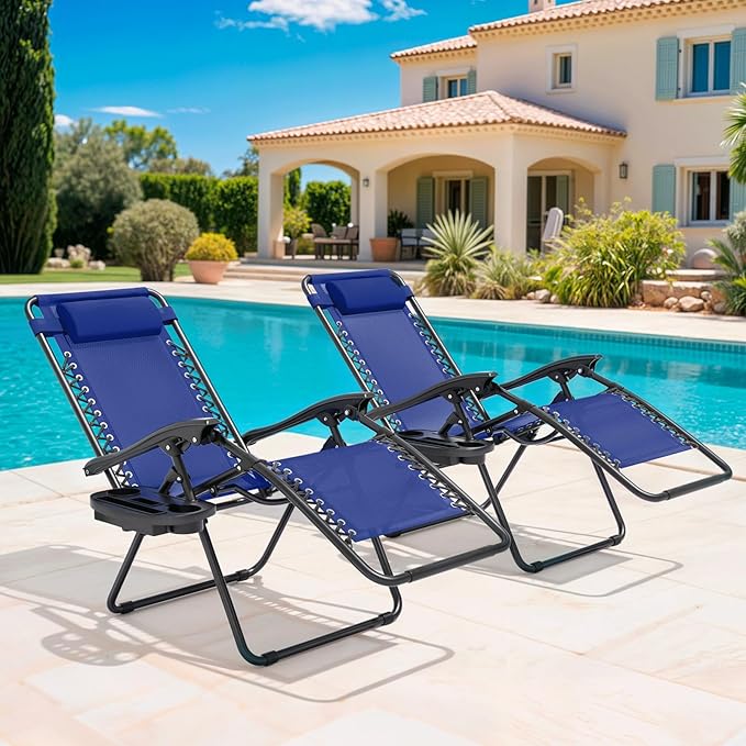 Magshion Zero Gravity Lounge Chairs Set of 2, Outdoor Patio Reclining Chair with Side Tray, Adjustable Anti-Gravity Recliners with Pillow Headrest, Folding Lounger for Lawn Camping Beach, Blue