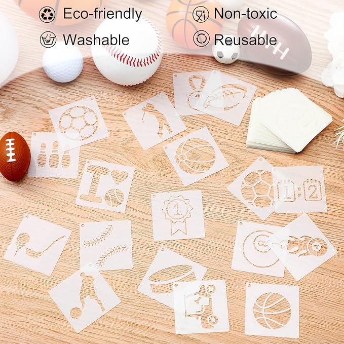 Fainne 100 Pcs 2 Inch Stencils Small Stencils for Painting on Wood Reusable Painting Templates Crafts for DIY Scrapbook, Wood, Wall, Fabric, Rock, Chalkboard, Sign(Sport,Ball)