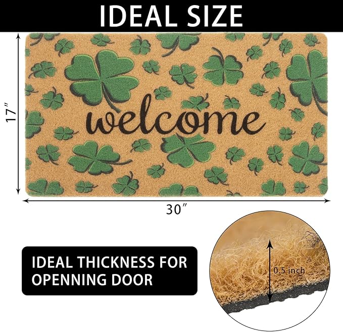 St. Patrick's-Day-Clovers-Welcome-Mats Outdoor-Entrance Green-Shamrock-Outdoor-Doormat Non Slip Coir Front Door Mat for Irish Home Decor 17" x 29"