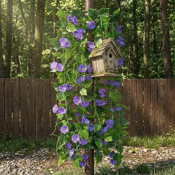 GTIDEA Artificial Vines 15Feet Silk Flower Garland Purple Morning Glory Vine Artificial Flowers Hanging Plants Garland Fake Green Plant 4Pcs for Outdoors Wall Fence Indoor Wedding Banquet Decor