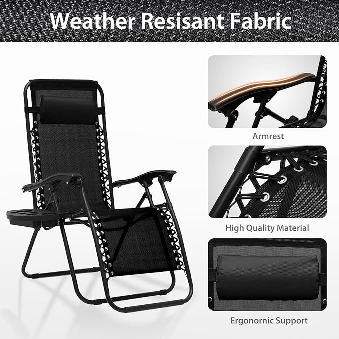 Zero Gravity Chairs, Portable Folding Reclining Lounge Chairs with Adjustable Pillow and Cup Holder Trays for Outdoor, Patio, Beach, Camping, Garden, Poolside, Black