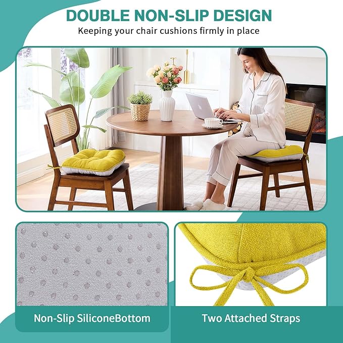 BETU Chair Cushions for Dining Chairs Set of 6,3.5" Thick Kitchen Table Chair Pads with Ties,Non Slip Backing and Covers, Seat Cushion for Dining Room,Bar,Patio Chairs,16"X16"X3.5",Gold