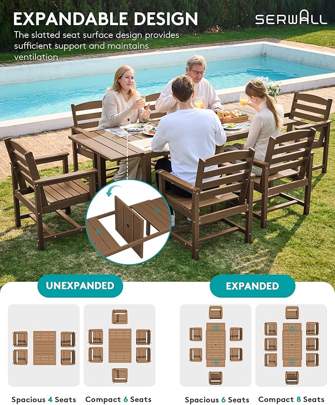 SERWALL 5-Piece Outdoor Table and Chairs, 60" - 83" Expandable Outdoor Dining Table with Aluminum Frame & HDPE Tabletop, All Weather HDPE Patio Furniture Set for Backyard, Garden, Brown