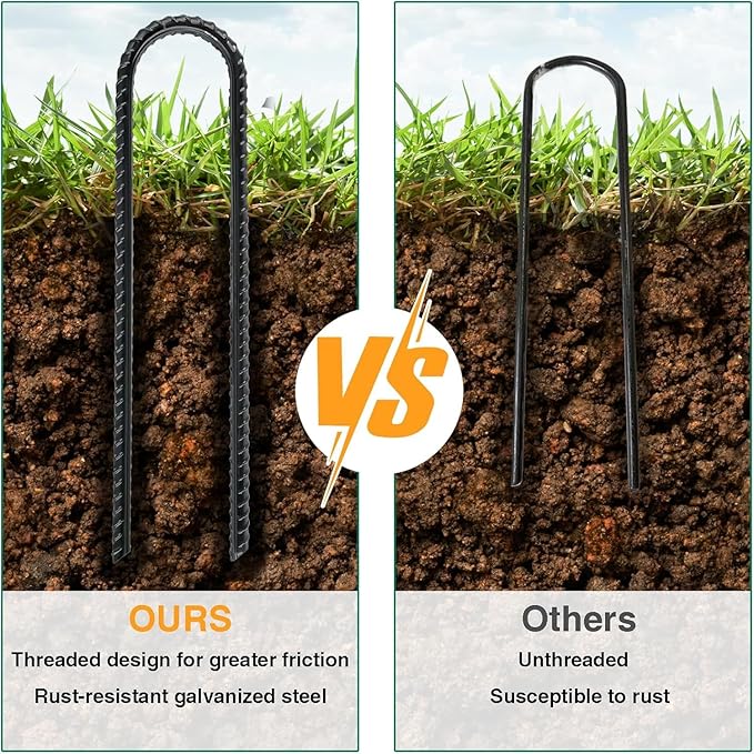 12 Inch Rebar Stakes Heavy Duty, 10 Pack Garden Stake U-Hook, Electrostatic Rust Proof Metal Stakes for Tent, Landscape,Outdoor Decorations, Fabric Ground Cover, Tube Fixing (Black, U-12in-10pc)