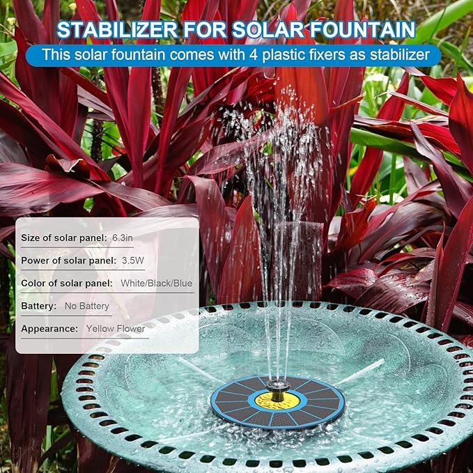 Yzert Solar Fountain for Bird Bath, 3.5W Upgraded Solar Bird Bath Fountain with 4 Fixed Pipes 7 Nozzles No Battery, Solar Fountain Pump for Bird Bath Small Ponds Pool Outdoor(Blue)