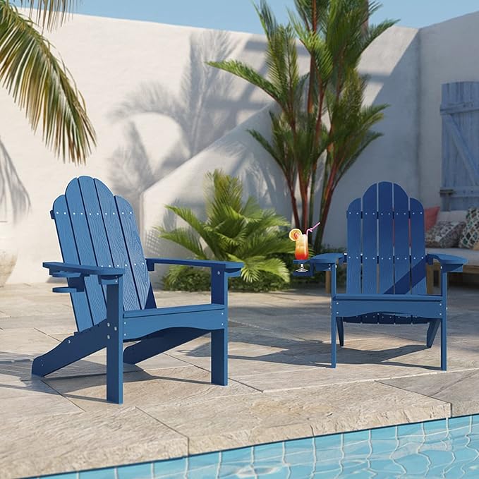 LUE BONA HDPS Adirondack Chairs Set of 4, Fire Pit Outdoor Chair Weather Resistant with Cup Holder, Modern Plastic Chair Plastic for Patio, Deck, Proch, Hotel, Resort, 350LBS, Navy Blue