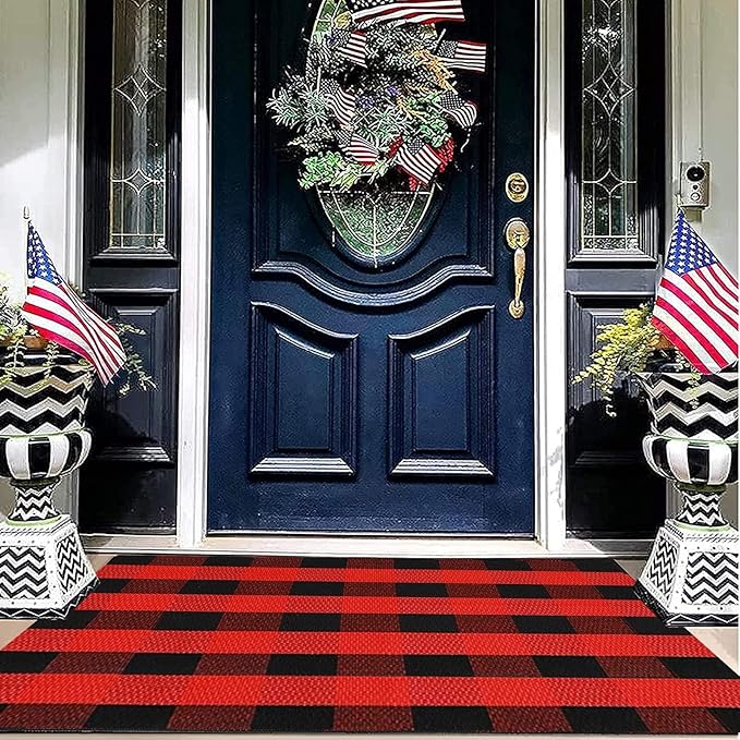 SEEKSEE Cotton Buffalo Plaid Rug 3'x5' Black and Red Checked Rug Washable Doormats Indoor Outdoor Rugs for Layered Front Door Mats, Porch, Kitchen, Farmhouse, Entryway