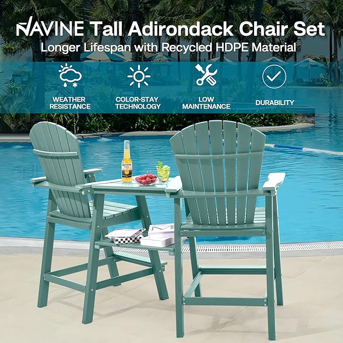 Tall Adirondack Chairs Set of 4, HDPE Balcony Chair with Double Connecting Tray, Weather Resistant Outdoor Adirondack Bar Stools for Patio, Deck, Patio, Backyard, Balcony. (Lake Blue)