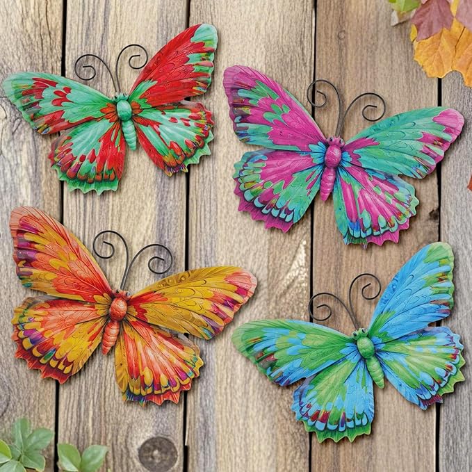 Junware 4 Pieces Metal Butterfly Wall Art Decor - 7.5" Outdoor Fence Wall Sculpture Decor, Hanging Decoration for Garden Yard Living Room Bedroom Patio Balcony, Nice Gift for Mom Friend
