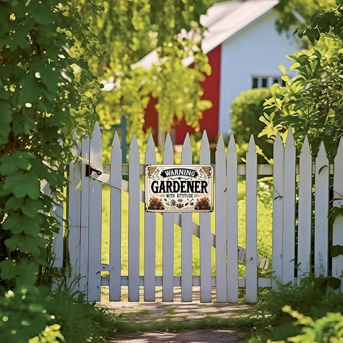 Funnysign Garden Gifts Warning Gardener with Attitude Vintage Tin Sign for Home Garden Patio Yard Decor 8 X 12 Inch (3984)