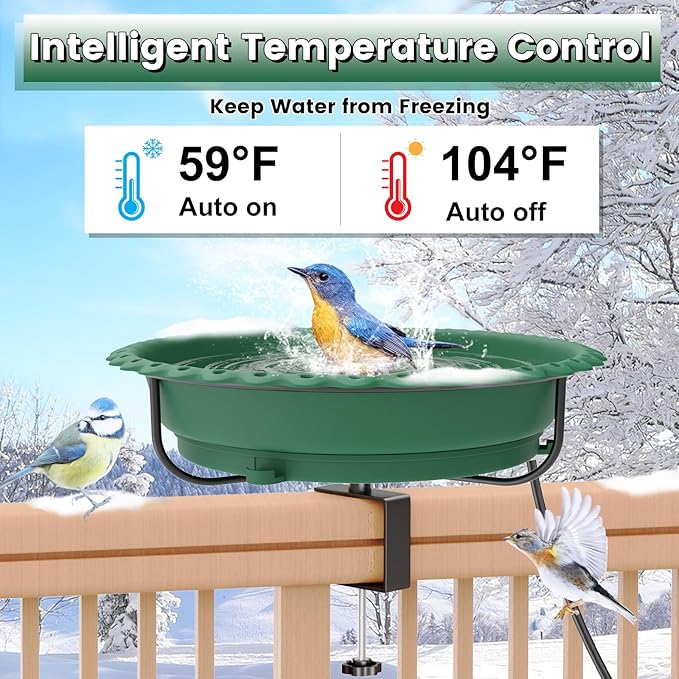 Heated Bird Bath for Outdoors, Upgraded 100W Thermostatically Controlled Heated Bird Baths for Deck Railing Large Capacity Heated Birdbath for Outside Winter Garden Yard Patio Lawn (Green)
