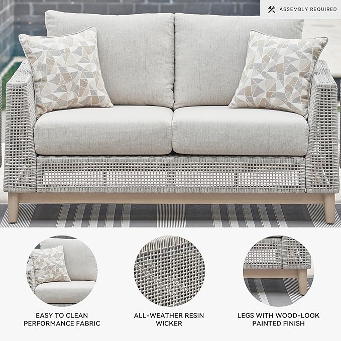 Signature Design by Ashley Seton Creek Cottage Nuvella Weather Resistant Fabric Outdoor Loveseat with Cushion and 2 Throw Pillows, Light Brown & Light Gray