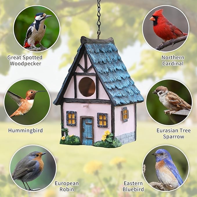 Bird Houses for Outside Pink Cottage Resin Birdhouse, Garden Outdoor Decor Bird House with Flower and Stone Details, Birdhouses for Outdoors for Bluebird Finches Cardinals