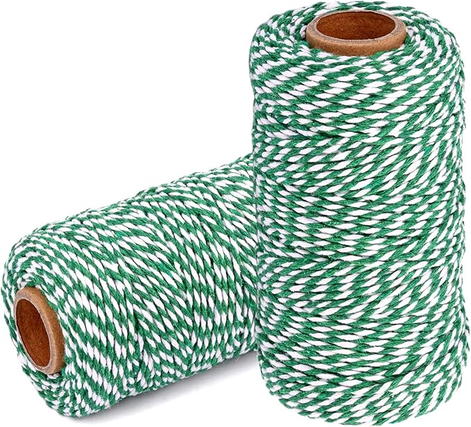 Cotton Twine String Bakers Rope: 2 Roll Twines for Crafts Gift Wrapping - 656 Feet Green White Twine for Kitchen Cooking