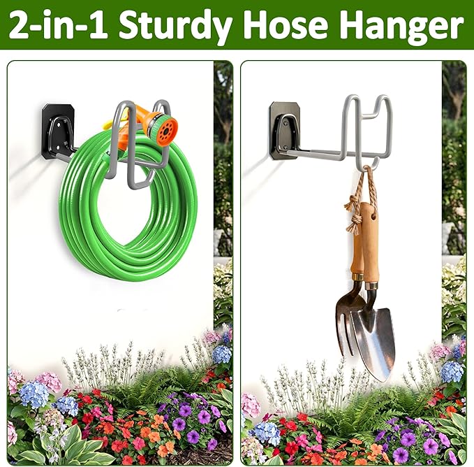 Garden Hose Holder with Hook - Heavy Duty Garden Hose Hanger with Sprayer Storage Design, Wall Mount Water Hose Storage for Outside Yard Lawn and Garage
