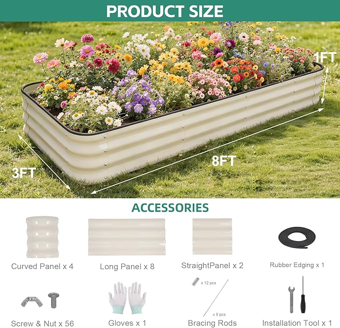 5 in 1Galvanized Raised Garden Bed - 8x3x1ft Modular Garden Planter Bed Outdoor | Steel Raised Bed Kit with Bracing Rods, Gloves for Gardening Vegetables Fruits and Flowers (White)