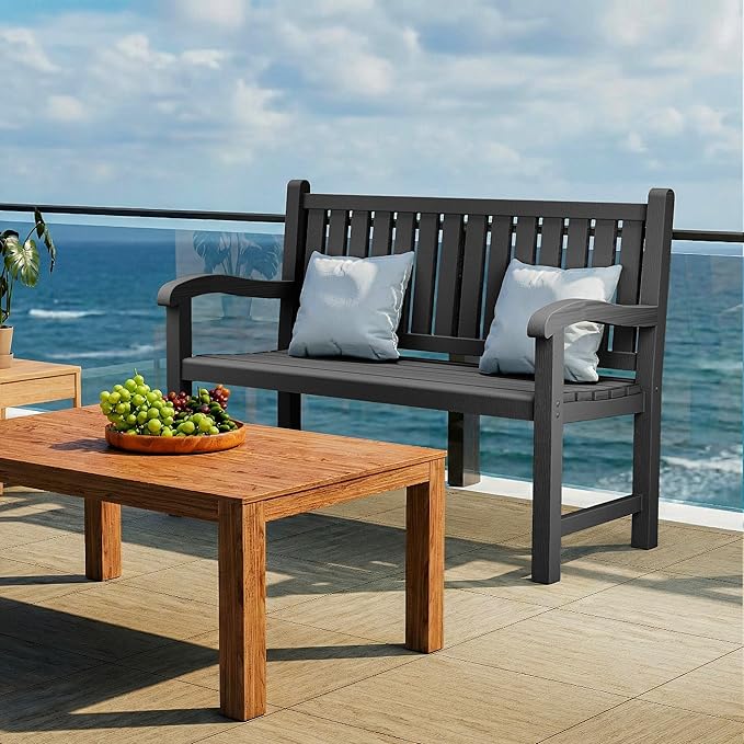ROJIK Outdoor Bench Resin Patio Chairs Waterproof 2-Person Slatted Chairs with Sturdy Frame, Comfortable Seating for Garden Backyard Porch and Park(Black)