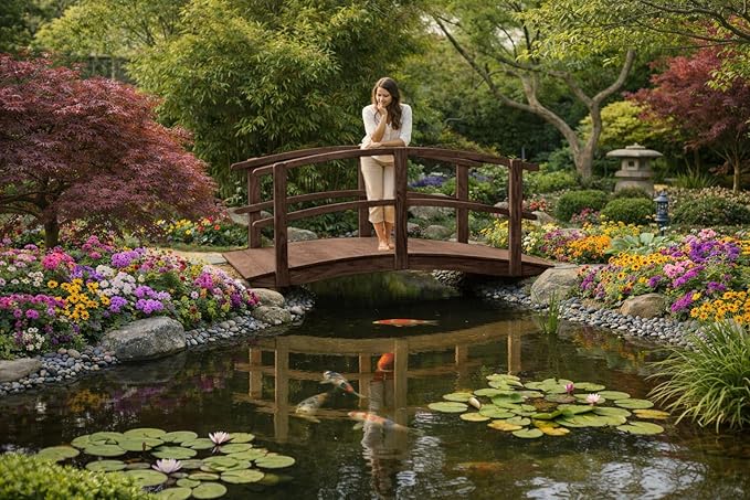 6 FT Walnut Amish Made Garden Bridge with Double Rails for Walkway, Backyard Pond & Landscaping, Outdoor Wooden Footbridge for Koi Pond, Japanese Style Decorative Bridge, Made in USA