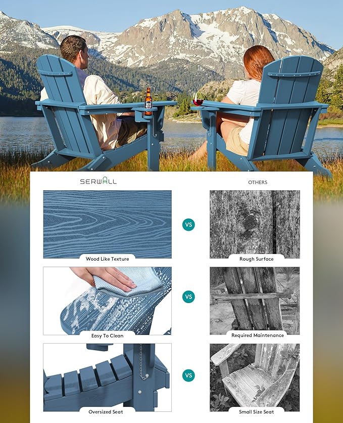 SERWALL Folding Adirondack Chair, HDPE Adirondack Chairs Set of 2, Plastic Outdoor Chairs- Looks Exactly Like Real Wood- Navy