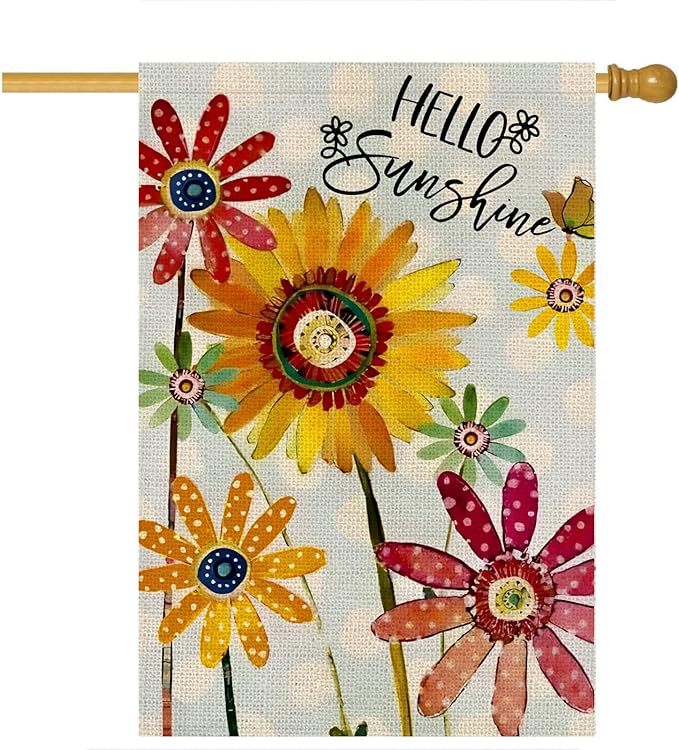 Spring Flowers House Flags for Outdoor, Hello Sunshine Sunflower Daisy Yard Flags for Outside,Summer Seasonal Decorative Flag for Farmhouse Holiday Decoration 28x40 Inch Double Sided