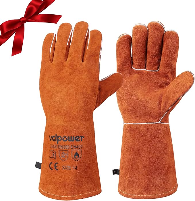 Welding Gloves Fire Heat Resistant 14IN Fireproof Leather for Welding Fire Pit Wood Stove Campfire Furnace BBQ Baking,Grill Oven Stick Mig Tig Gear Gift for Man L