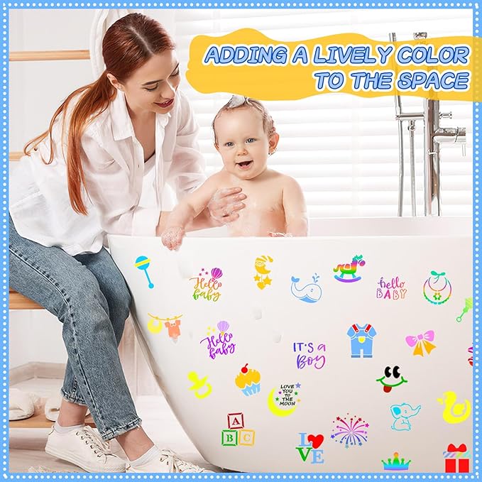 Augshy 56 Pieces Baby Shower Stencils for Painting, 3 Inch Cute Onesie Stencil Mixed Animals Pattern Painting Stencils, Reusable Baby Shower Cake for Bodysuit Shoes Bibs Clothes
