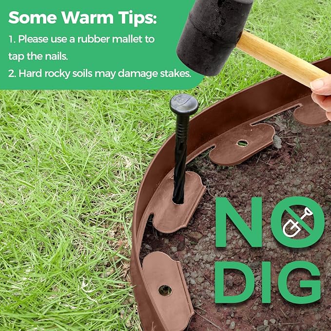 2-Inch x 50 FT Landscape Edging Border with 75 Spikes, Garden Edging Lawn Border Kit, Plastic Edging Border Flexible for Garden Flower Beds Lawn Yard Pathway (Brown)