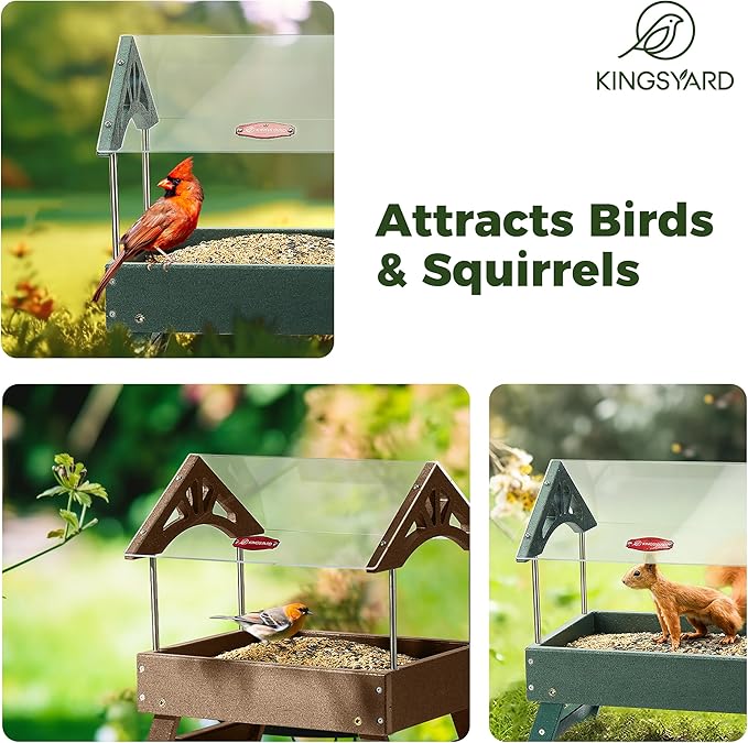 Kingsyard Ground Bird Feeder for Outdoors - Recycled Plastic Platform Feeder for Wild Birds, Rainproof Squirrel Feeders, 5 LBS Large Capacity, Brown