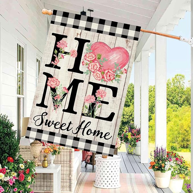 ORTIGIA Happy Mothers Day House Flag 28 x 40 Inch Double Sided Home Sweet Home Carnation Floral Flower Wedding Anniversary Yard Flag Summer Holiday Outdoor Outside Decoration (Large)