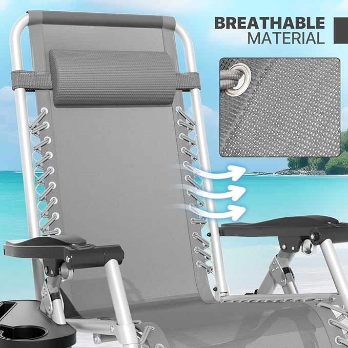 Magshion Zero Gravity Chair with Cushion, Reclining Outdoor Patio Lounge Chair, Folding Indoor Anti Gravity Recliner, Portable Lounger with Removable Cup Holder Side Tray and Pillow Headrest (Grey)