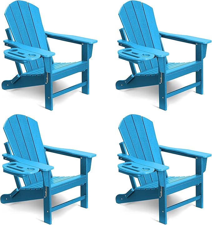 Adirondack Chair Set of 4, HDPE Folding Adirondack Chair with Multifunctional Cup Holder, Weather Resistant Fire Pit Chair for porches, patios, patios, poolsides, Decks.