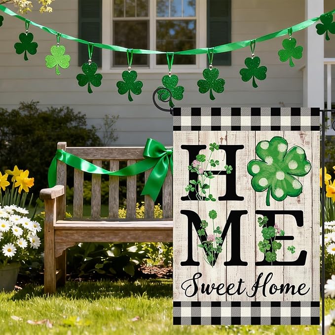 ORTIGIA St Patricks Day Garden Flag Burlap Vertical Double Sided Shamrock Lucky Green Clover Garden Flag Holiday Yard Flag Outside Outdoor Decor 12.5x18 Inch