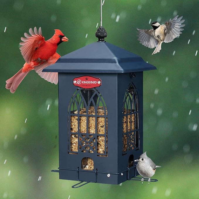 Kingsyard Squirrel Proof Bird Feeders for Outdoors with Weight-Activated Perches, 5 Lbs Capacity Large Metal Bird Feeder House for Small Wildbirds Cardinal Finch Bluebird, Weatherproof, Blue
