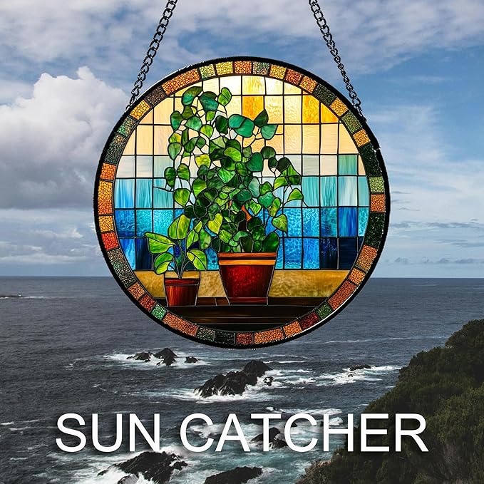 Stained Glass Window Hanging Green Potted Plants Large 11.8" - Suncatcher Door Garden Sun Catcher Retro Home Decor Birthday Christmas for Mom Men Woman Nana Friend