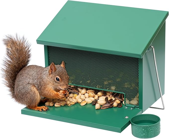 Metal Squirrel Feeder, Hanging Squirrel Feeders for Outside, Chipmunk Hanging House Box with Water Bowl for Corn, Nut, Peanuts