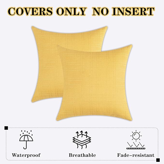 Kevin Textile Pack of 2 Outdoor Waterproof Throw Pillow Covers Decorative Farmhouse Checkered Square Solid Cushion Cases for Patio Garden Porch Sofa Yellow 18x18 inch