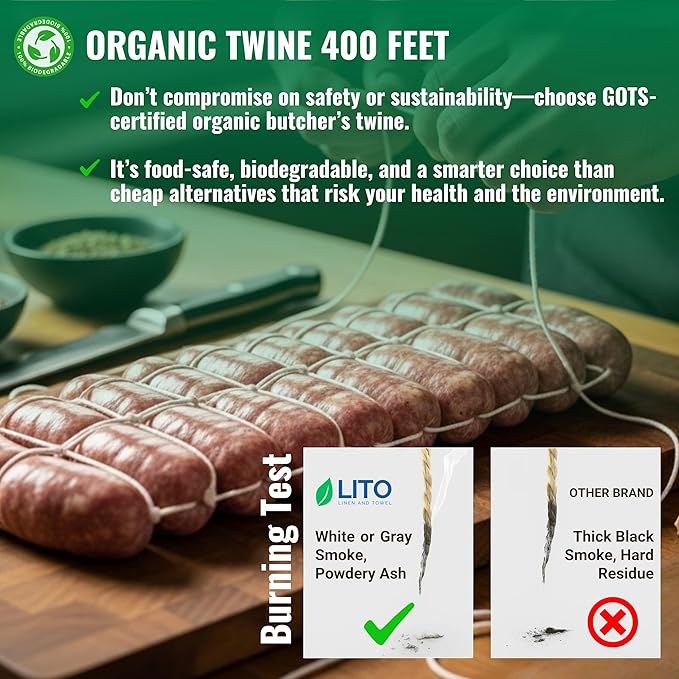 Butchers Twine 400 Feet 1.2mm – Heavy Duty Cooking Twine Natural Organic Cotton Twine Kitchen String, Food-Safe Bakers Twine and Oven-Safe for Trussing Meat, Turkey, Baking, BBQ & Crafts